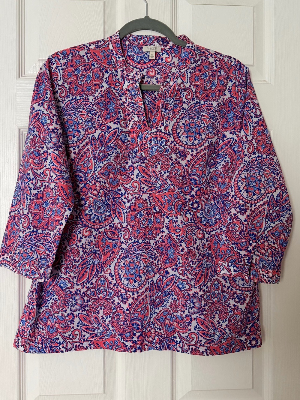 Talbots Pink and Blue Paisley Split V Tunic Top 100% Cotton